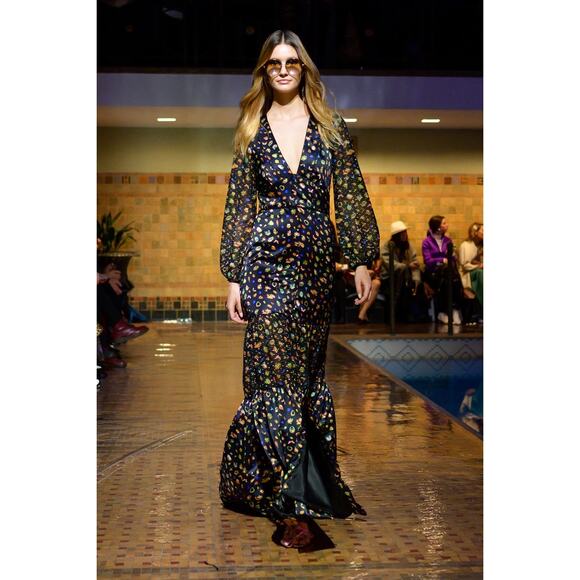 Cynthia Rowley Caroline Tiered Maxi Dress ditsy floral silk black size 8 medium - Picture 3 of 13